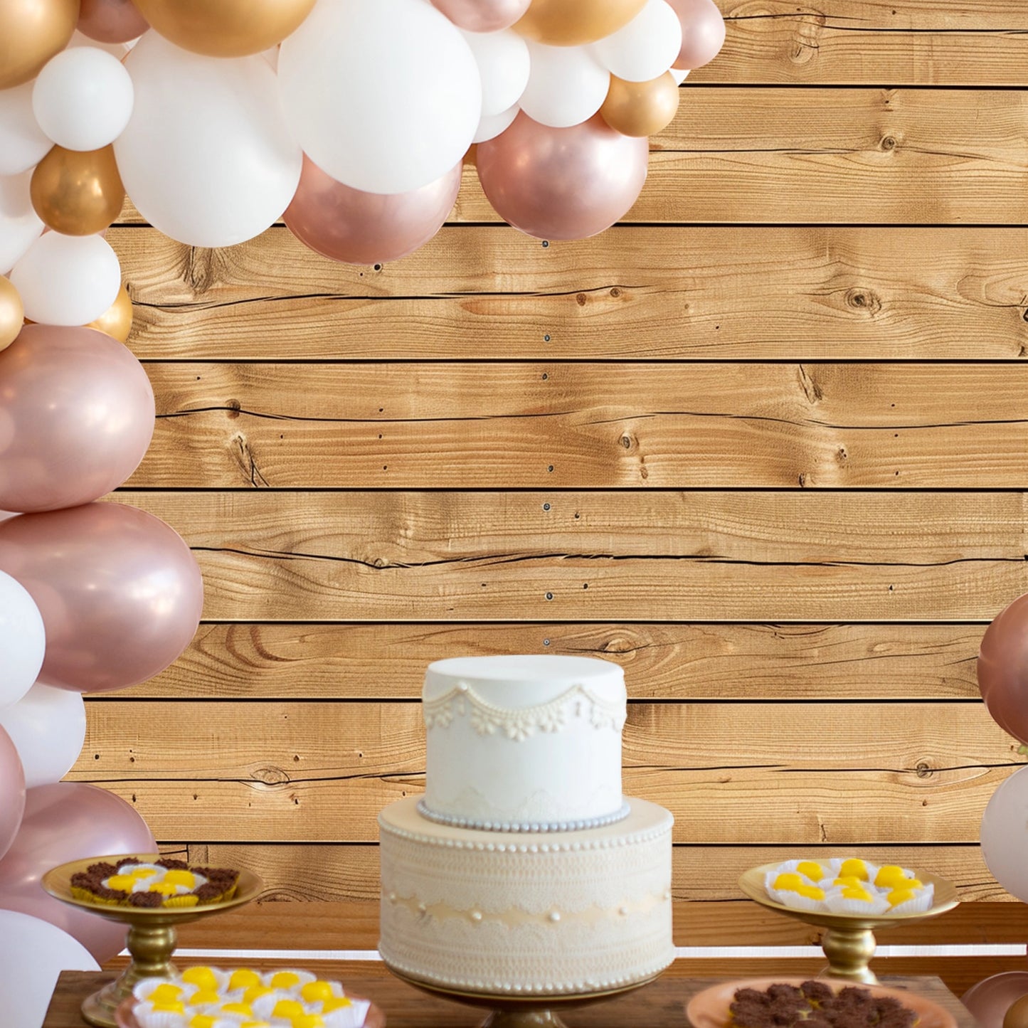 A white tiered cake on a wooden table with two plates of desserts on either side. A balloon garland in shades of white, gold, and rose gold decorates the 7x5ft Retro Wood Graduate Wall Background Wooden Backdrop Studio Props for Baby Shower Birthday Photography by ideasbackdrop.