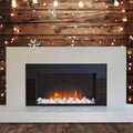 Modern fireplace with a white frame set against an ideasbackdrop Wood Photo Backdrop Snowflake Brown Wooden Wall Background Photography for Party Wedding Baby Photoshoot, decorated with string lights and snowflake ornaments.