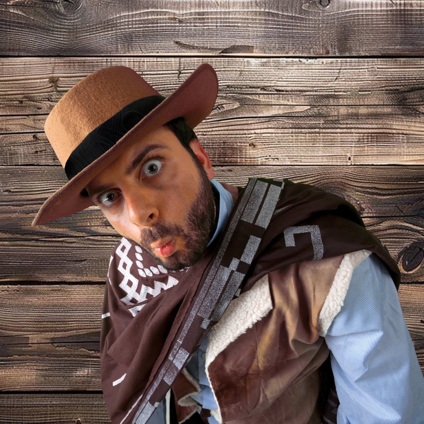 A person dressed in Western attire, wearing a brown hat and a poncho, stands in front of an ideasbackdrop 7x5ft Vintage Wood Backdrop Retro Rustic Wooden Floor Background for Photography Photo Booth Video Shoot Studio Props, making an exaggerated surprised facial expression.