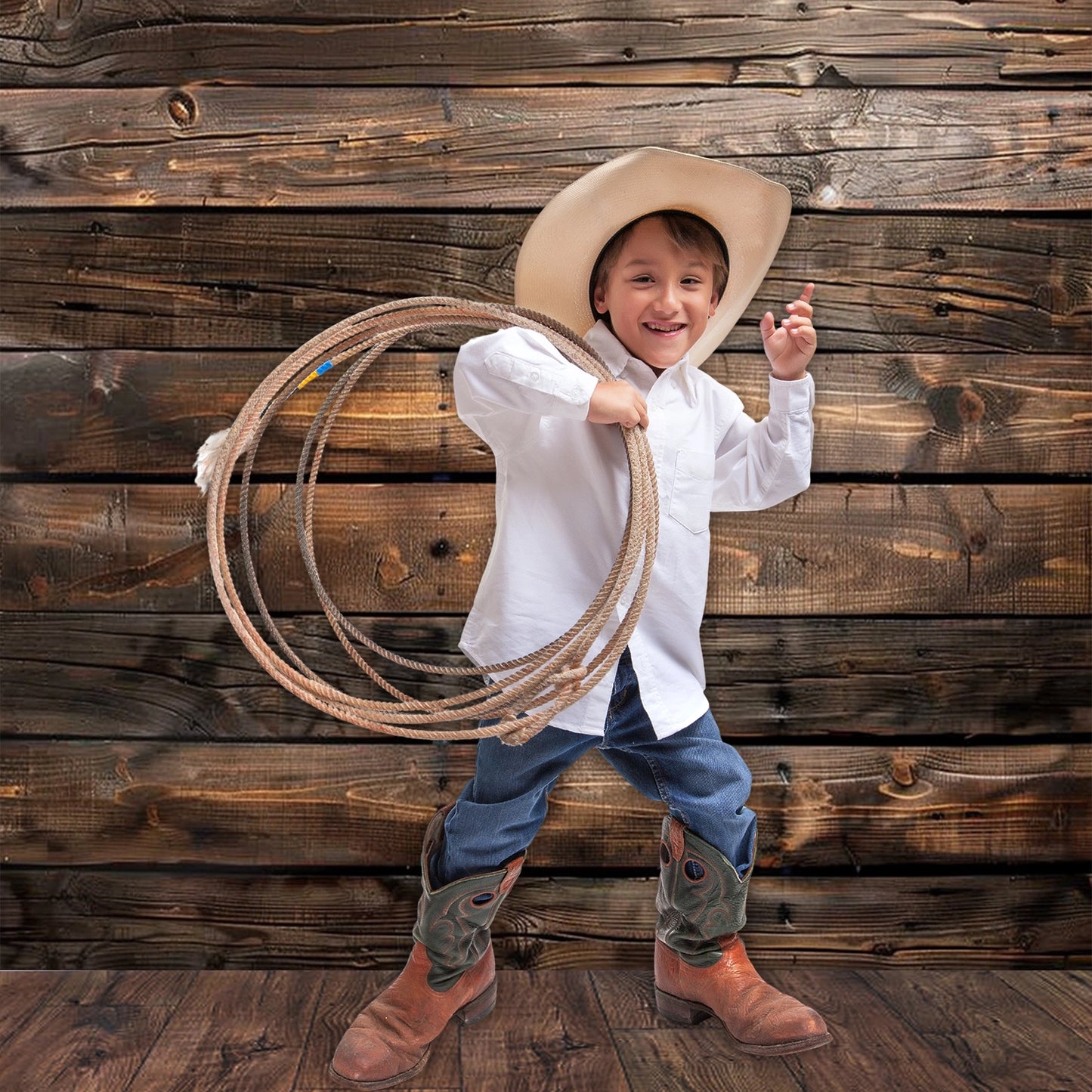 A young child wearing a cowboy hat, white shirt, blue jeans, and cowboy boots holds a lasso, standing against an ideasbackdrop Brown Wood Backdrop Photographers for Birthday Baby Shower Background Photo Booth Video Shoot Studio Prop.