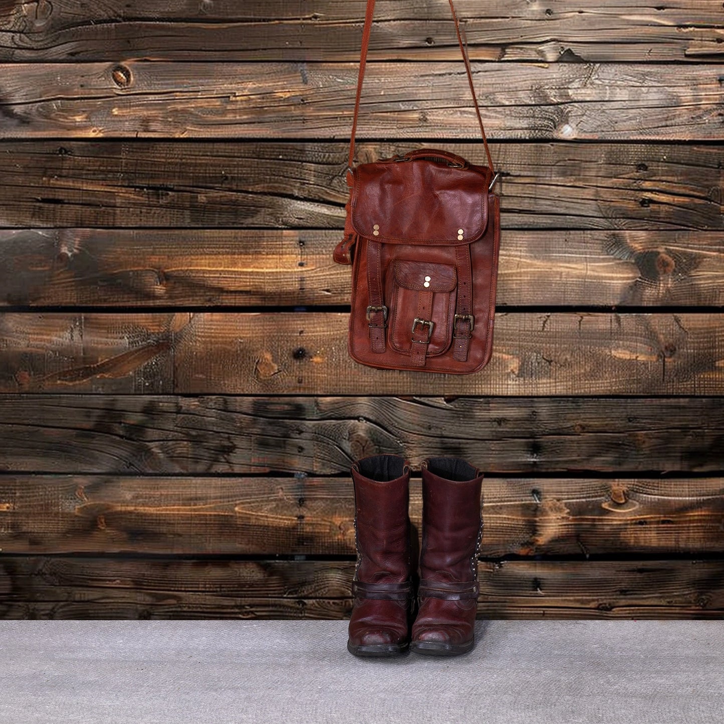 A brown leather satchel hangs on an ideasbackdrop Brown Wood Backdrop Photographers for Birthday Baby Shower Background Photo Booth Video Shoot Studio Prop, above a pair of matching brown leather boots on a gray carpet.
