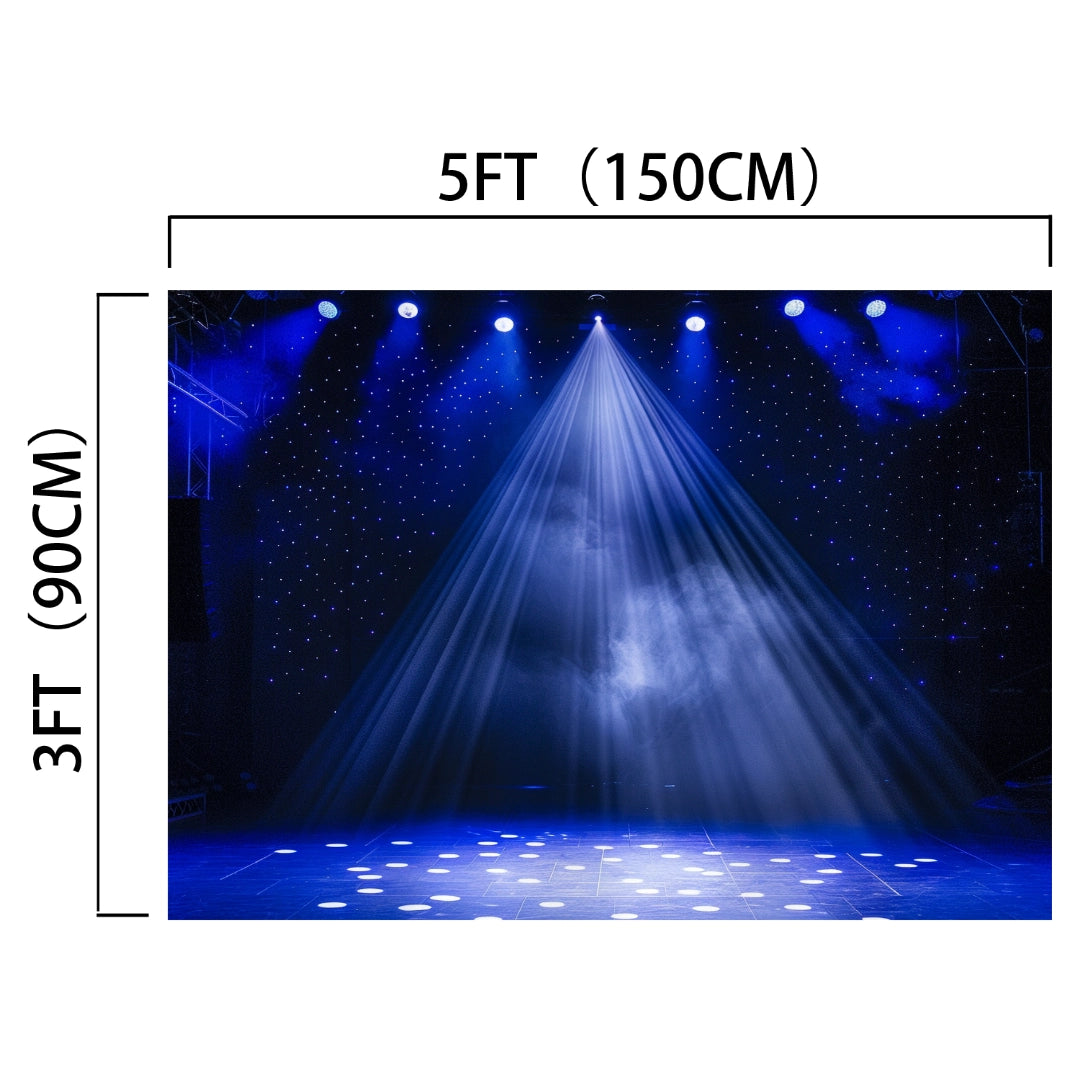 Stage backdrop with blue lighting, star-like spots, and measurements indicated as 5 feet (150 cm) wide and 3 feet (90 cm) tall. This ideasbackdrop 7x5FT Stage Spotlight Backdrop Concert Gloomy Night Scenic Photography Background Portrait Studio Props is perfect for photography props, offering exceptional wrinkle resistance to ensure a flawless appearance every time.