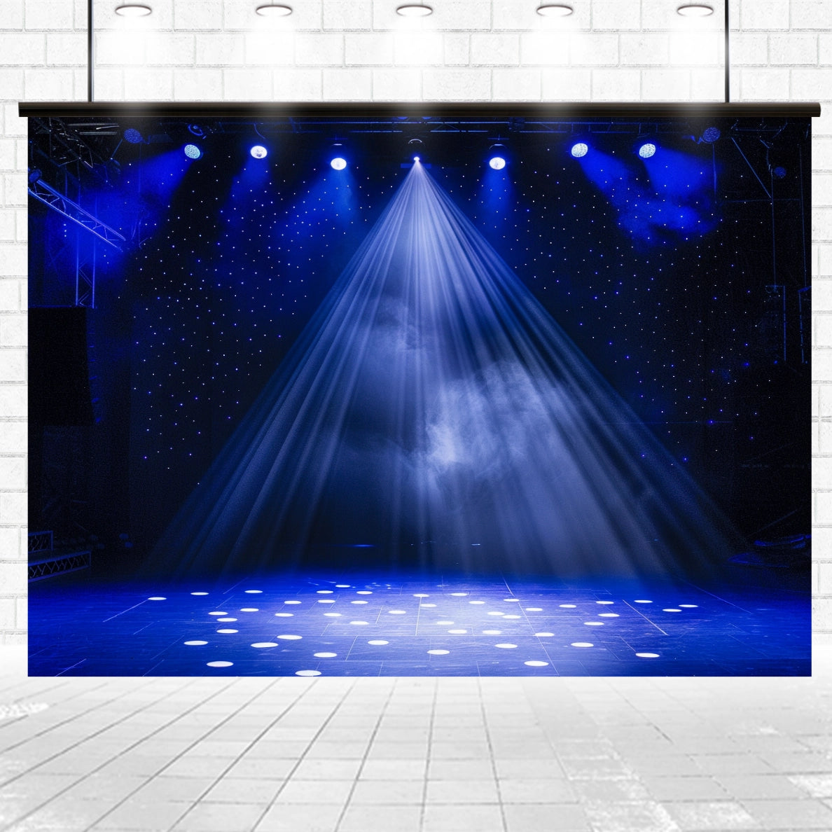 A stage lit with blue spotlights and a bright overhead beam against the ideasbackdrop 7x5FT Stage Spotlight Backdrop Concert Gloomy Night Scenic Photography Background Portrait Studio Props.