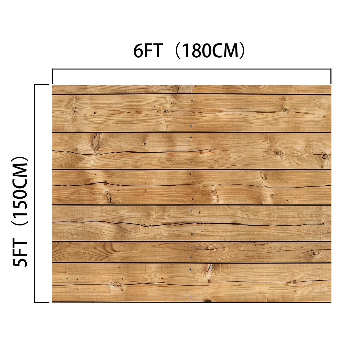 The 7x5ft Retro Wood Graduate Wall Background Wooden Backdrop Studio Props for Baby Shower Birthday Photography by ideasbackdrop measures 6 feet (180 cm) horizontally and 5 feet (150 cm) vertically. The panel consists of horizontal wooden planks, ideal for use as a wood wall backdrop.