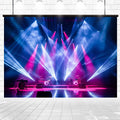An empty stage is illuminated by vibrant pink, blue, and white lights, with several musical instruments set up against a stage wall backdrop featuring the 7x5ft Theater Stage Backdrop Spotlights Photography Background Festival Celebration Backdrops Portraits Photo Studio Video Props by ideasbackdrop, ready for a performance.
