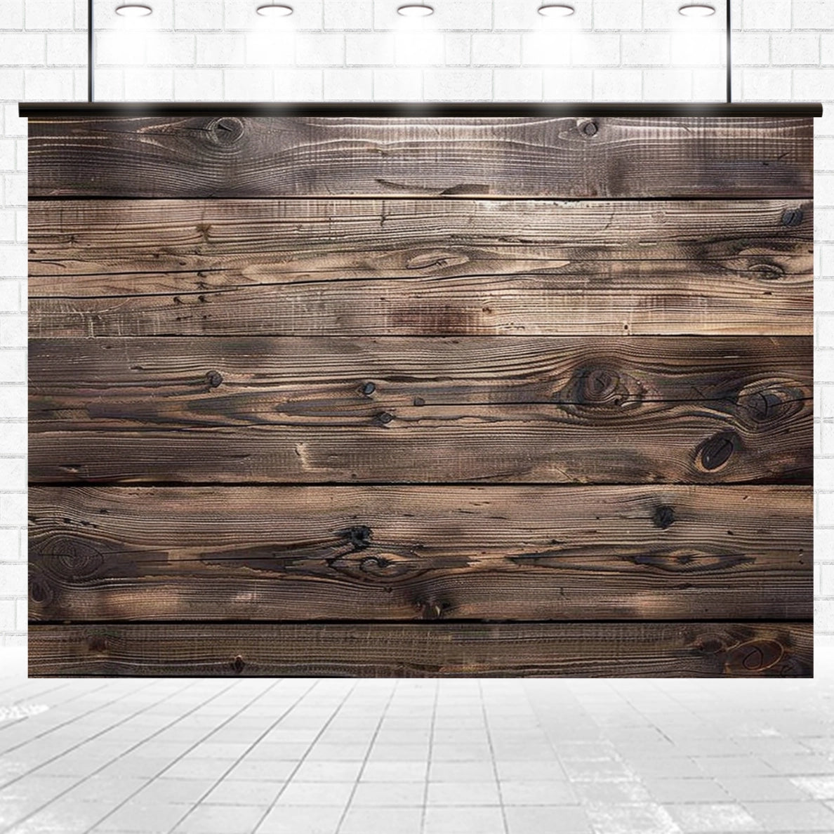 A photo of the 7x5ft Vintage Wood Backdrop Retro Rustic Wooden Floor Background for Photography Photo Booth Video Shoot Studio Props by ideasbackdrop, set against a tiled floor and illuminated by overhead lights.