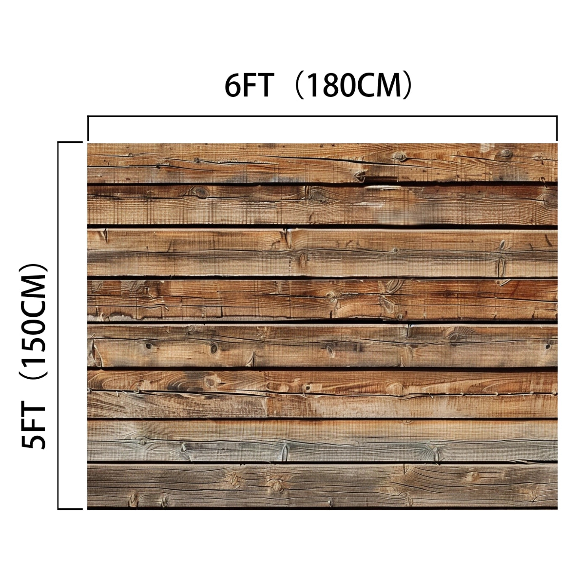 A 7x5ft Wood Backdrops for Photography Worn Wooden Boards Background Brown Photo Wall Photo Studio by ideasbackdrop is shown, ideal as a wood wall backdrop. The dimensions 180 cm and 150 cm are labeled at the top and left sides respectively.