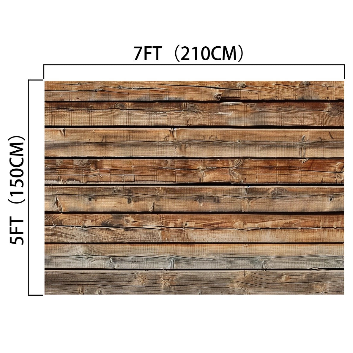 Backdrop image of a 7x5ft Wood Backdrops for Photography Worn Wooden Boards Background Brown Photo Wall Photo Studio by ideasbackdrop featuring horizontal rustic wooden planks, with labeled dimensions: 7 feet (210 cm) wide and 5 feet (150 cm) high. Perfect for wood photography props and designed for wrinkle resistance.