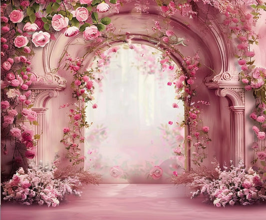 An ornate archway adorned with pink roses and vines takes center stage, set against an Abstract Flower Wall Wedding Portrait Backdrop - ideasbackdrop of soft pink hues. Pink floral arrangements in the foreground further enhance nature's elegance, creating a true floral masterpiece.