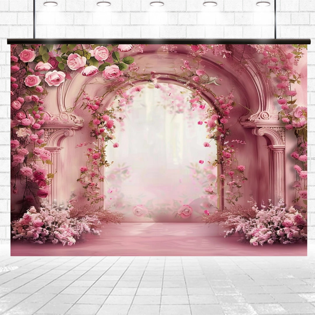 An ornate pink floral archway surrounded by roses and flowers, set against a soft pink and white brick backdrop, exemplifying nature's elegance in the Abstract Flower Wall Wedding Portrait Backdrop - ideasbackdrop masterpiece.