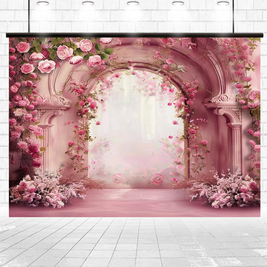 An ornate pink floral archway surrounded by roses and flowers, set against a soft pink and white brick backdrop, exemplifying nature's elegance in the Abstract Flower Wall Wedding Portrait Backdrop - ideasbackdrop masterpiece.