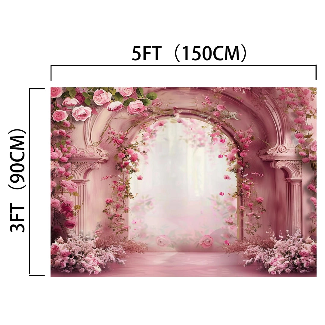 A 5ft by 3ft Abstract Flower Wall Wedding Portrait Backdrop - ideasbackdrop featuring a dreamy floral archway with pink roses and greenery, set against a misty, pink-toned background—perfect for weddings.