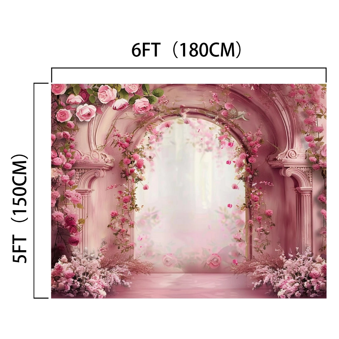 A 6ft by 5ft floral masterpiece backdrop, the Abstract Flower Wall Wedding Portrait Backdrop -ideasbackdrop from ideasbackdrop, features an arched entrance adorned with pink roses and flowers, leading to a softly lit, serene path perfect for weddings.