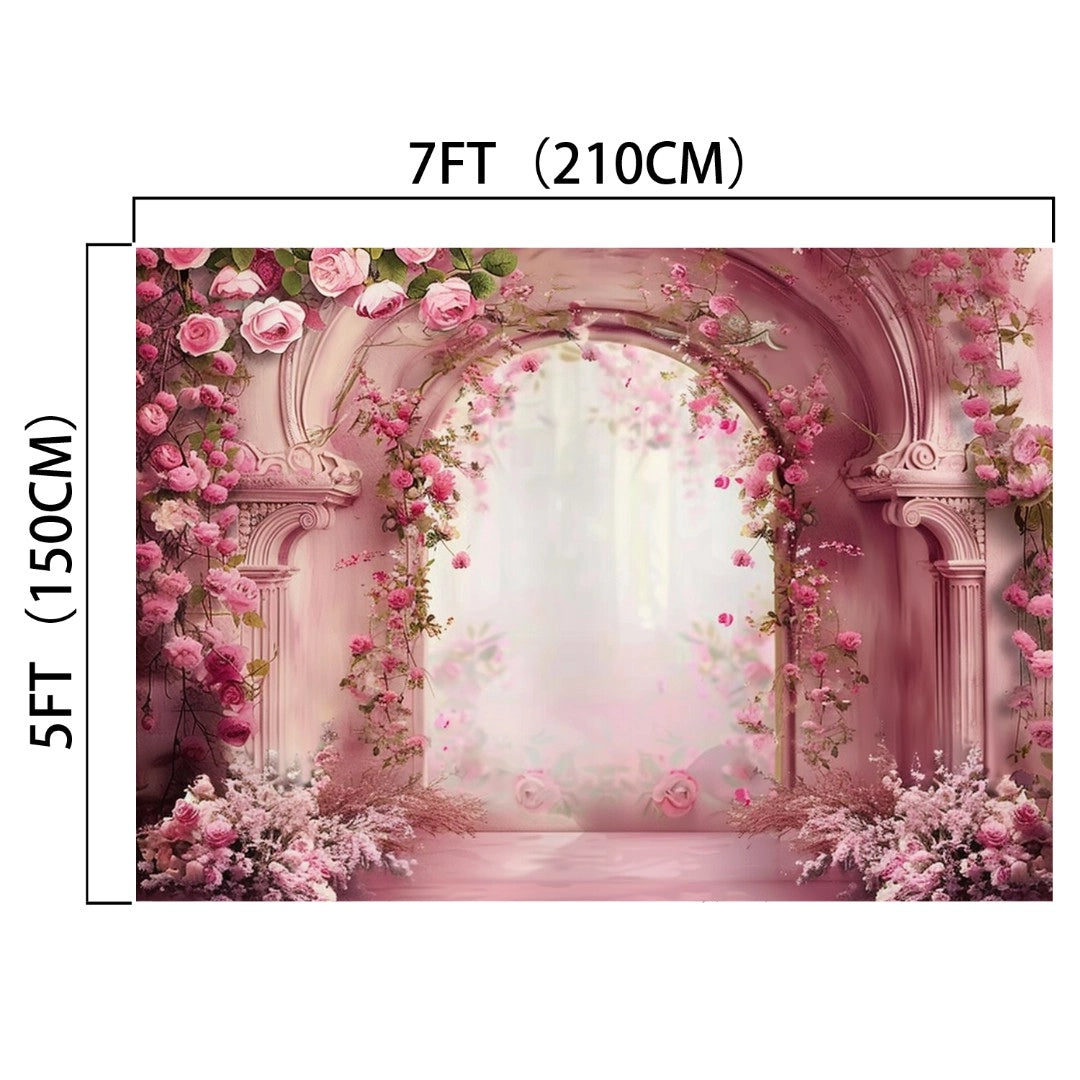 A 7ft by 5ft backdrop with a vintage arched doorway surrounded by pink flowers and foliage, creating a romantic and elegant scene—perfect for weddings and capturing timeless moments. This Abstract Flower Wall Wedding Portrait Backdrop -ideasbackdrop is truly a floral masterpiece from ideasbackdrop.