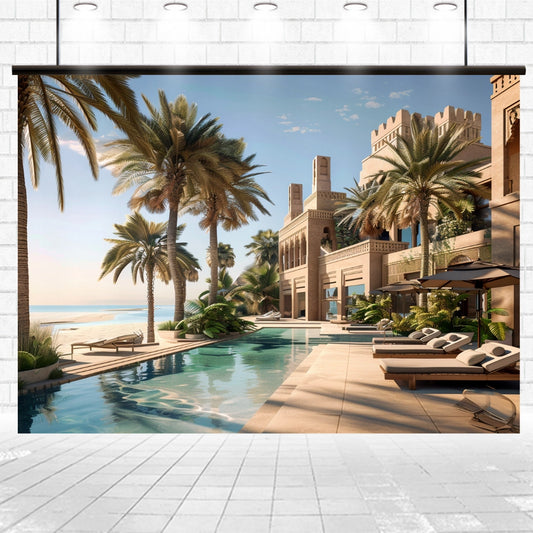A luxurious beachfront resort with palm trees, lounge chairs, and umbrellas offers the Architectural Palm Beach Swim Pool Scenic Backdrop-ideasbackdrop along with a pool beside a large, ornate building on a sunny day, perfect for immersive environments and stunning photography by ideasbackdrop.