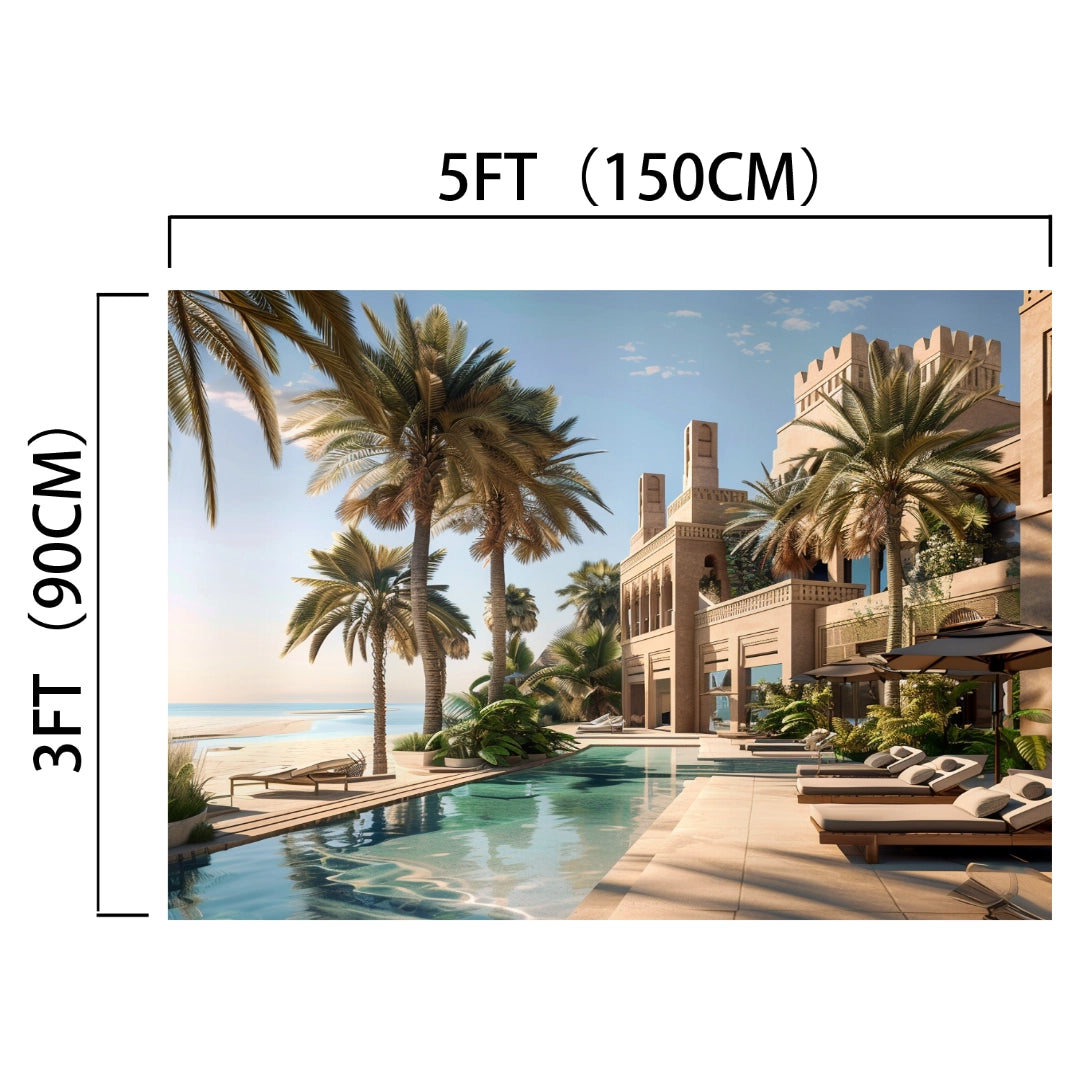 A luxurious outdoor pool area with palm trees and sun loungers beside an ornate building offers an immersive environment. The Dimensions of the ideasbackdrop Architectural Palm Beach Swim Pool Scenic Backdrop-ideasbackdrop are indicated as 5 feet by 3 feet (150 cm by 90 cm).