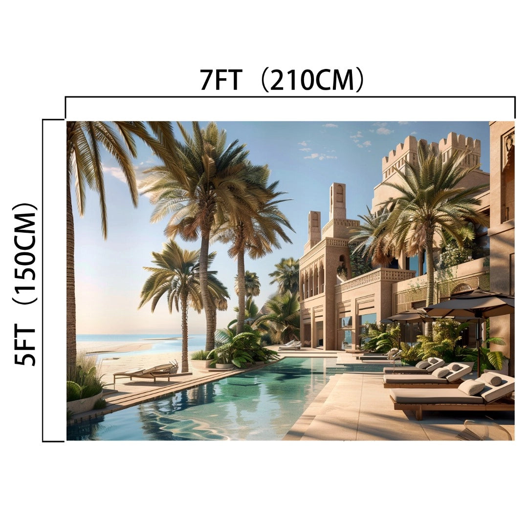 A luxurious beachfront resort, featuring palm trees, a pool with sun loungers, and a Mediterranean-style building, within dimensions: 7ft (210cm) by 5ft (150cm), creates an immersive environment with the Architectural Palm Beach Swim Pool Scenic Backdrop-ideasbackdrop by ideasbackdrop.