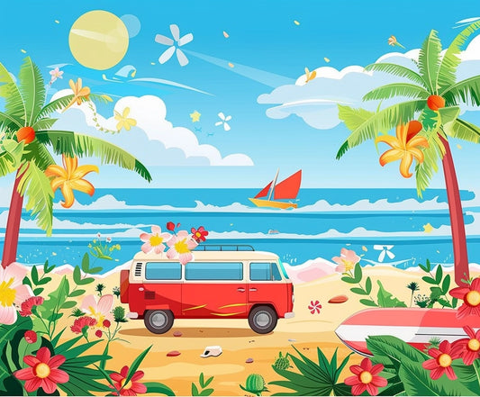 A red and white van is parked on a beach surrounded by palm trees and flowers, creating the perfect Beach Backdrop Blue Sky Ocean Coconut Tree -ideasbackdrop. A surfboard rests on the sand while a sailboat glides on the ocean under a sunny sky with a few clouds.