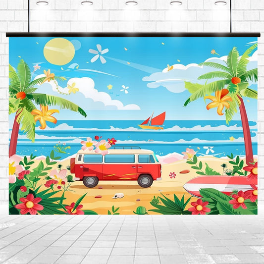 A vibrant seaside illustration featuring a red van on a sandy beach, surrounded by colorful flowers, palm trees, and a surfboard. A sailboat is visible on the ocean under a sunny sky, all rendered in HD vivid detail with lifelike colors. The scene perfectly captures the essence of the Beach Backdrop Blue Sky Ocean Coconut Tree - ideasbackdrop by ideasbackdrop.