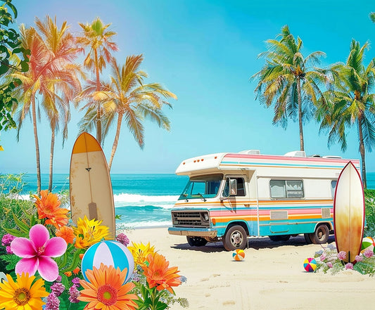 A colorful camper van is parked on a sandy beach with surfboards, flowers, and beach balls in the foreground. Palm trees and the ocean are in the background under a clear blue sky, creating an HD vivid Beach Party Backdrop Summer Surfboard - ideasbackdrop perfect for photography.