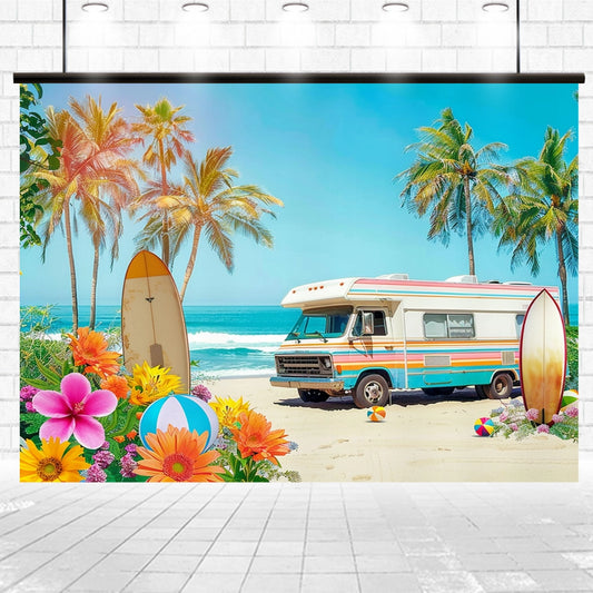 An RV parked on a sandy beach with palm trees, surfboards, flowers, beach ball, and ocean waves in the background under a clear blue sky exudes coastal charm. This Beach Party Backdrop Summer Surfboard -ideasbackdrop from ideasbackdrop is perfect for capturing stunning photography backdrops.