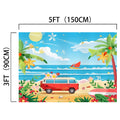A stunning high-definition beach scene with vibrant lifelike colors, featuring a red van, surfboard, palm trees, flowers, and a sailboat in the ocean. Dimensions: 5 feet (150 cm) wide and 3 feet (90 cm) tall. Perfect as an ideasbackdrop Beach Backdrop Blue Sky Ocean Coconut Tree for any setting.