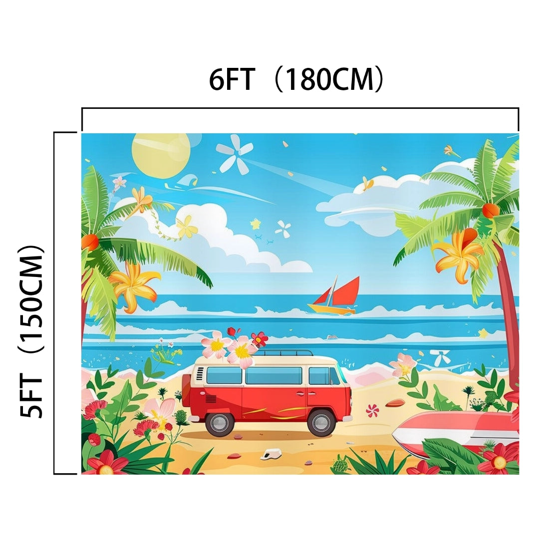 Colorful beach scene backdrop featuring a red van, palm trees, flowers, and sailboat in HD vivid beach backdrop. Dimensions are 6 feet (180 cm) wide and 5 feet (150 cm) high.

Beach Backdrop Blue Sky Ocean Coconut Tree - ideasbackdrop by ideasbackdrop