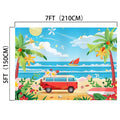A vibrant lifelike beach scene with a red van, surfboard, and tropical plants foregrounded. Palm trees and a sailboat on the water are set against a blue sky with clouds in stunning high-definition detail. Dimensions: 7ft x 5ft (210cm x 150cm). Product: Beach Backdrop Blue Sky Ocean Coconut Tree - ideasbackdrop by ideasbackdrop.
