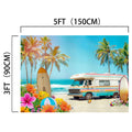Beach Party Backdrop Summer Surfboard -ideasbackdrop featuring a camper van, surfboards, palm trees, flowers, and ocean waves. Dimensions shown are 5 feet (150 cm) by 3 feet (90 cm), adding coastal charm with professional-grade materials for an authentic look from ideasbackdrop.