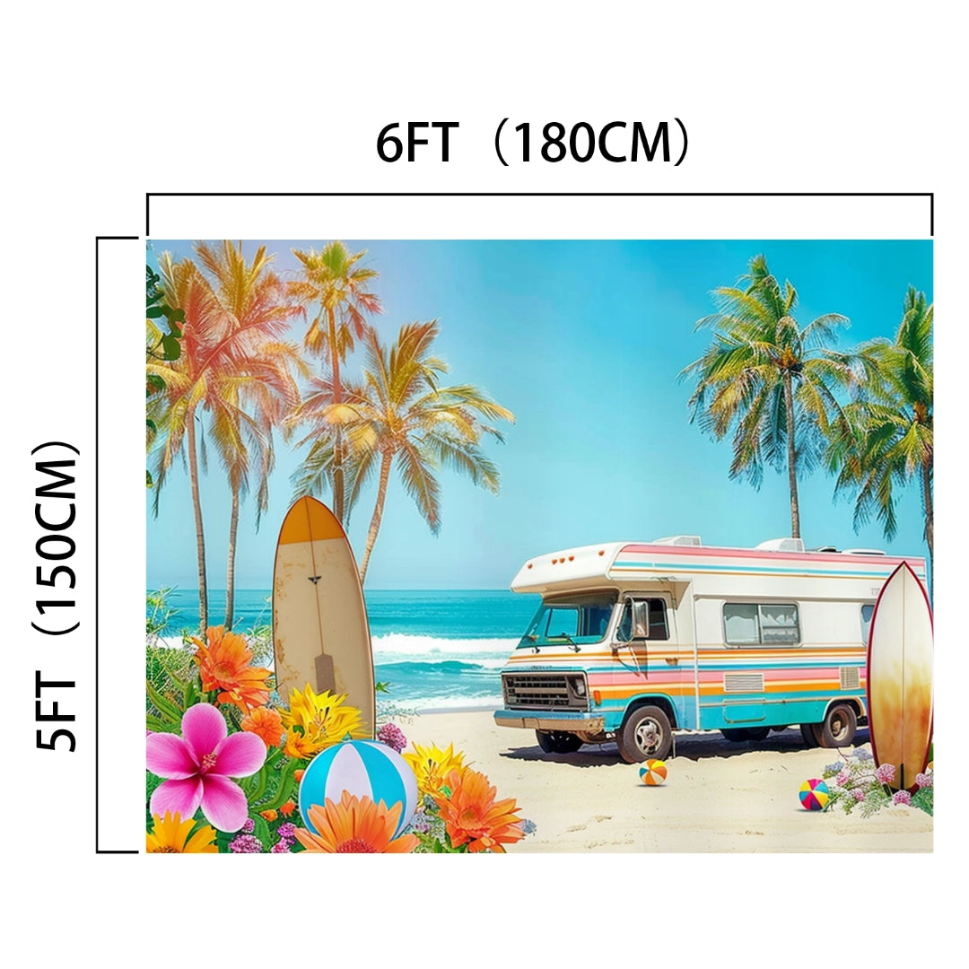 A 6ft by 5ft Beach Party Backdrop Summer Surfboard -ideasbackdrop, showcasing a colorful camper van, surfboards, palm trees, and flowers on a beach with a clear blue sky, crafted from professional-grade materials to enhance its coastal charm by ideasbackdrop.