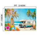 A Beach Party Backdrop Summer Surfboard from ideasbackdrop capturing a vibrant beach scene features a parked RV, palm trees, surfboards, colorful flowers, and beach balls. Measuring 7 feet by 5 feet (210 cm by 150 cm), this backdrop encapsulates coastal charm using professional-grade materials for stunning detail.