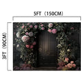 A Black Background Wall Bridal Shower Backdrop -ideasbackdrop adorned with realistic floral designs in pink and white flowers around a doorway. The dimensions are 5 feet (150 cm) by 3 feet (90 cm).