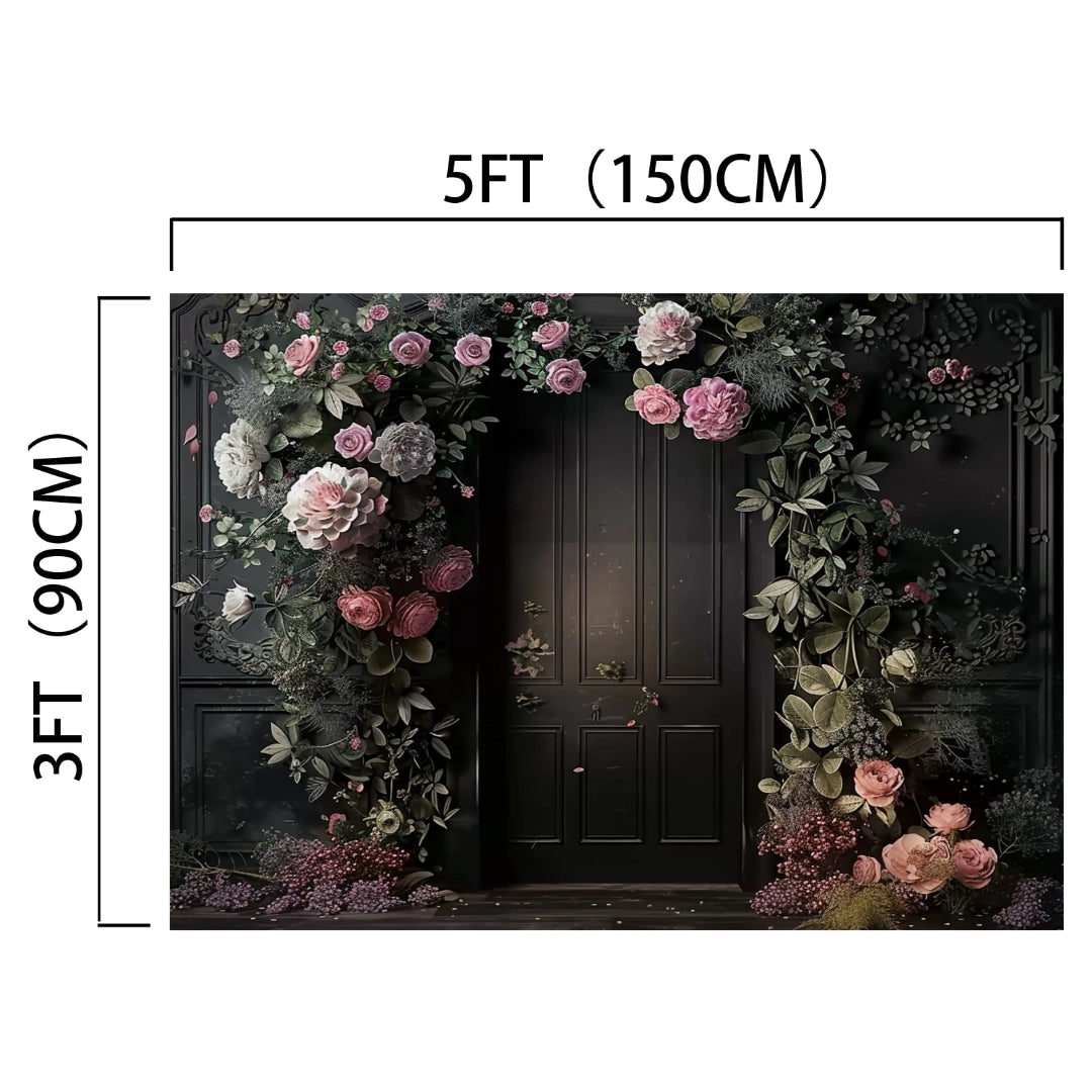 A Black Background Wall Bridal Shower Backdrop -ideasbackdrop adorned with realistic floral designs in pink and white flowers around a doorway. The dimensions are 5 feet (150 cm) by 3 feet (90 cm).