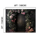 A floral archway measuring 6 feet (180 cm) wide and 5 feet (150 cm) tall, adorned with pink and white flowers against the Black Background Wall Bridal Shower Backdrop - ideasbackdrop by ideasbackdrop, showcasing realistic floral designs for a stunning visual impact.