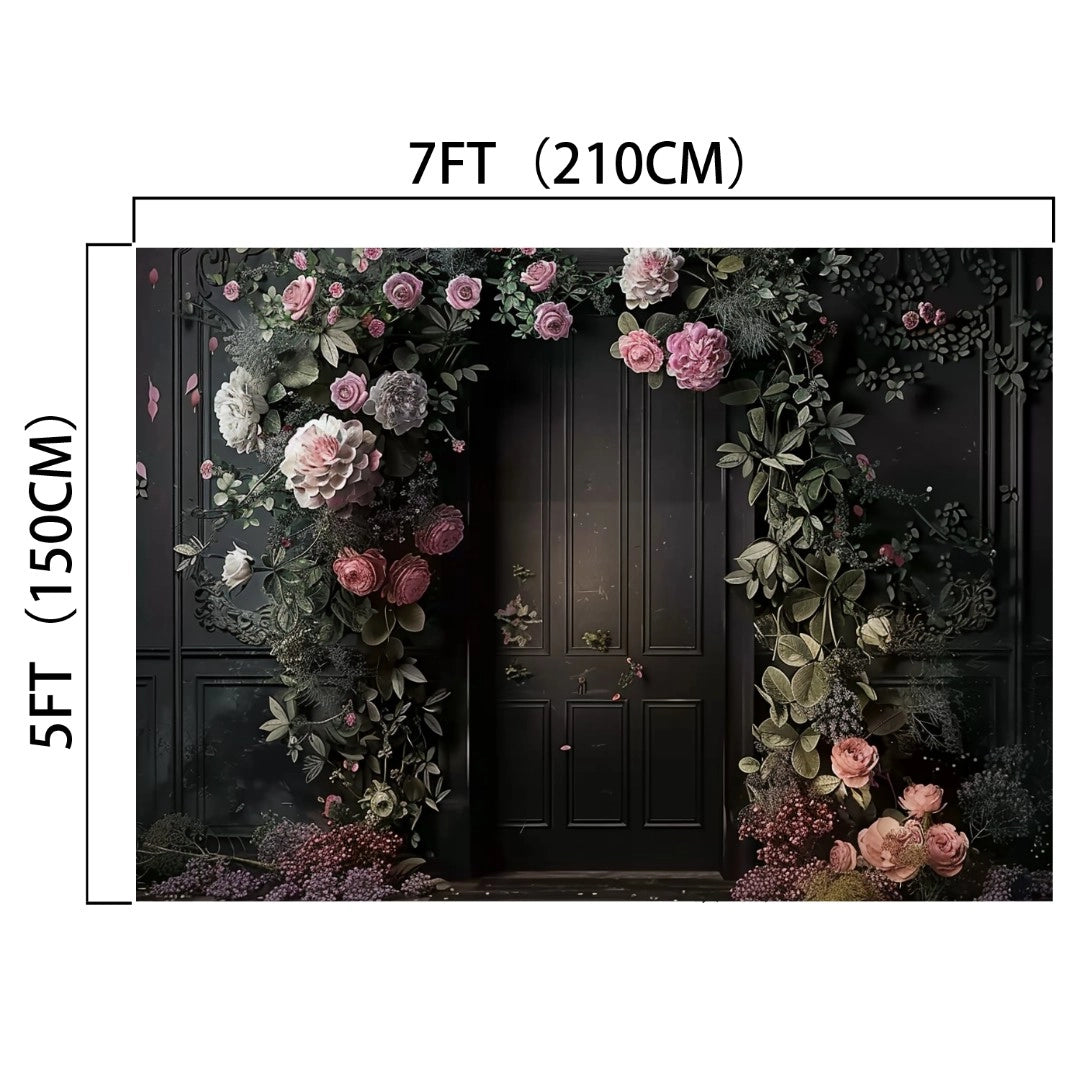 A **Black Background Wall Bridal Shower Backdrop -ideasbackdrop** measuring 7 feet by 5 feet, featuring dark doors adorned with lush, colorful flowers and greenery in high-definition quality.
