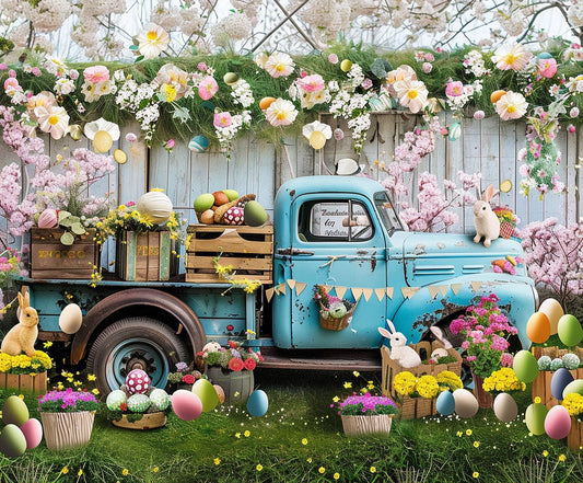 A vintage blue truck adorned with flowers, Easter eggs, and rabbits is parked in front of a flowery fence, creating the perfect HD Blue Truck Colorful Eggs Rabbit Floral Backdrop-ideasbackdrop for photographers and event planners alike by ideasbackdrop.