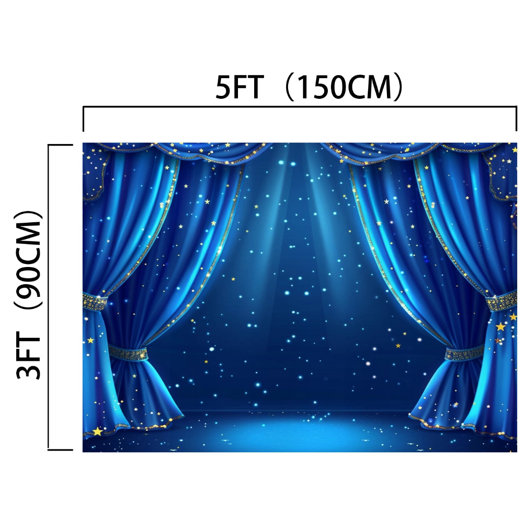 An ideasbackdrop 7x5ft Blue Curtain Stage Backdrop Photography Theater Stage Spotlight Background Photo Studio Props with starry patterns, measuring 5 feet (150 cm) in width and 3 feet (90 cm) in height. The stage backdrops feature draped curtains and a spotlight center stage, boasting wrinkle resistance for seamless performances.