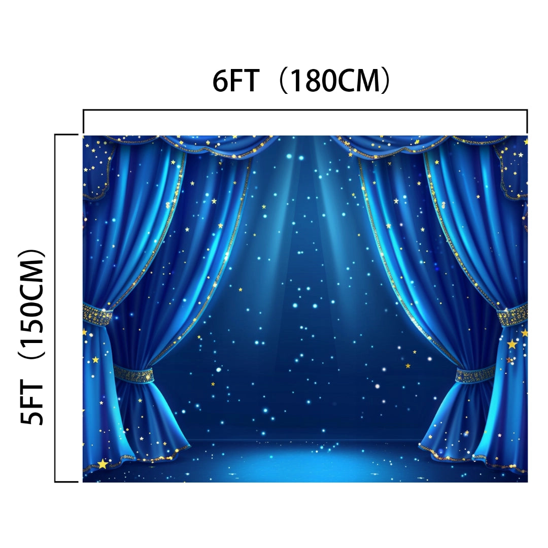 Image of a theater wall backdrop measuring 6 feet by 5 feet, featuring blue curtains with scattered stars and sparkles on a dark blue background. This ideasbackdrop 7x5ft Blue Curtain Stage Backdrop Photography Theater Stage Spotlight Background Photo Studio Props boasts wrinkle resistance, ensuring a smooth and professional appearance throughout any performance.