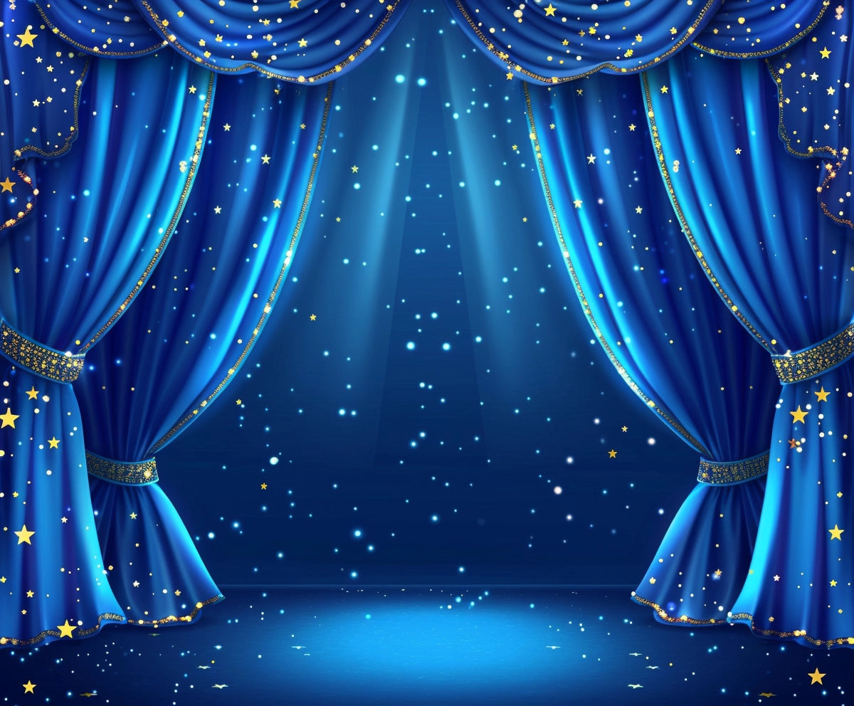 A stage with blue curtains adorned with yellow stars and sparkles, partially open to reveal a spotlight illuminating a dark blue, starry background. Perfect as wrinkle-resistant photography props or stage backdrops for capturing magical moments. Introducing the **7x5ft Blue Curtain Stage Backdrop Photography Theater Stage Spotlight Background Photo Studio Props** by **ideasbackdrop**.