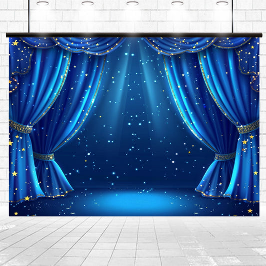 A stage with blue curtains adorned with yellow stars, partially open to reveal a dark blue backdrop with a starry pattern, set against a white brick wall. The 7x5ft Blue Curtain Stage Backdrop Photography Theater Stage Spotlight Background Photo Studio Props from ideasbackdrop are perfect photography props, designed for wrinkle resistance to ensure pristine visuals.