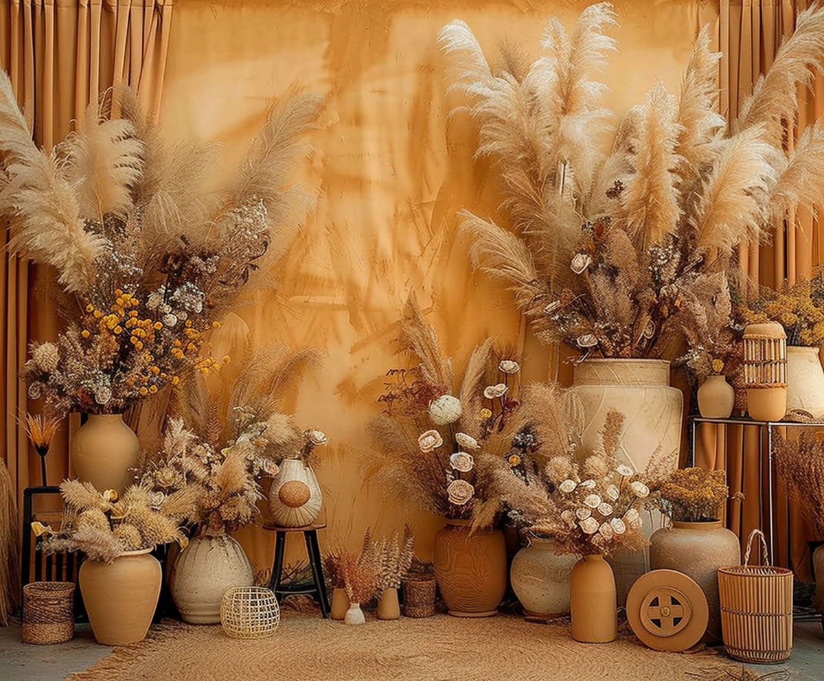 A display of various vases and pots filled with dried pampas grass and other dried floral arrangements set against a warm, earthy Boho Pampas Grass Floral Wall Fall Backdrop-ideasbackdrop from ideasbackdrop.
