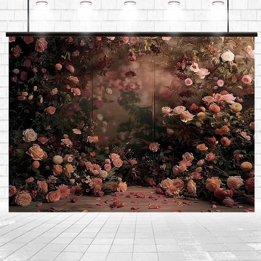 A Bridal Photography Flower Backdrop Background -ideasbackdrop by ideasbackdrop features a dense arrangement of various flowers in pink and red hues against a dark background, with scattered petals on the ground.
