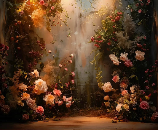 An array of high-definition flowers, including roses and ferns, are arranged against an Bridal Portrait Baby Shower Floral Backdrop -ideasbackdrop. Soft light illuminates the scene from above, creating a warm and inviting atmosphere perfect for event decor by ideasbackdrop.