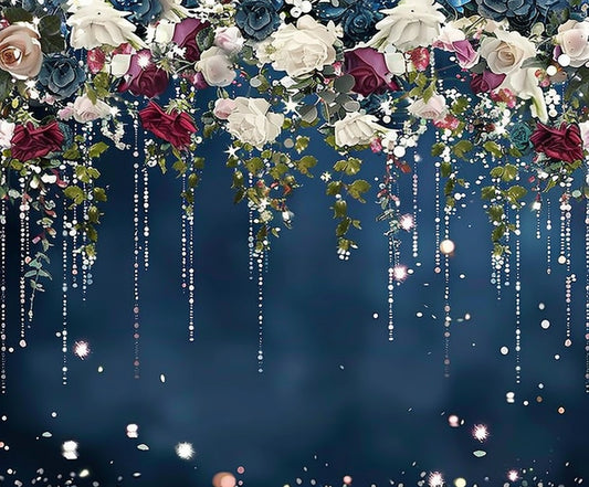 Hanging floral arrangement with pink, white, and blue roses, green foliage, and decorative crystal strands on a dark blue background with light sparkles exuding natural elegance and vibrant color. It's like a Bridal Shower Golden Glitter Floral Backdrop - ideasbackdrop brought to life!