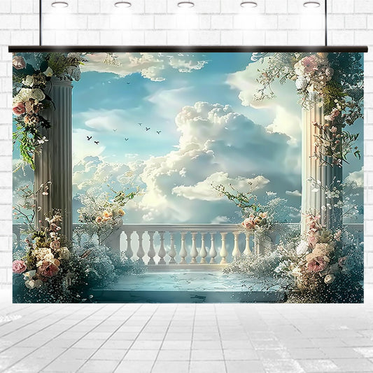 A scenic backdrop featuring a balcony with ornate columns, floral decorations, and the ideasbackdrop Bridal Shower Wedding Sky Floral Backdrop against a cloudy sky with birds in flight.