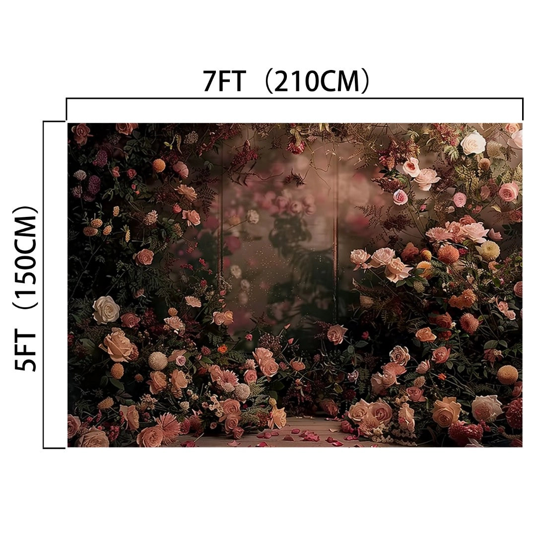 A Bridal Photography Flower Backdrop Background -ideasbackdrop, measuring 7 feet by 5 feet, showcases a blooming garden of pink and white flowers interspersed with lush green foliage, perfect for photography or events.