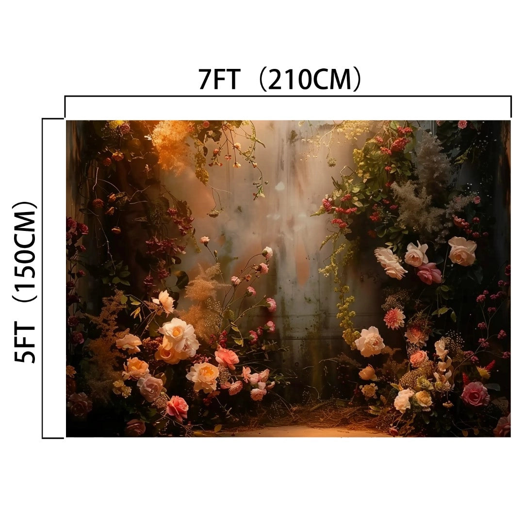 Experience our Bridal Portrait Baby Shower Floral Backdrop -ideasbackdrop featuring various flowers and foliage with warm lighting. Dimensions are labeled as 7 feet (210 cm) wide by 5 feet (150 cm) tall, making it perfect for event decor.