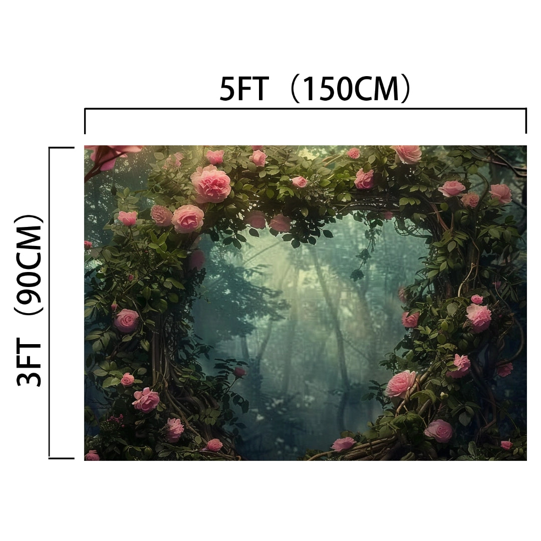 A Bridal Shower Engagement Vines Backdrop -ideasbackdrop by ideasbackdrop measuring 5 feet by 3 feet, featuring a frame of high-definition, vivid flowers and greenery with a misty forest scene in the background, creating a stunning floral fantasy.