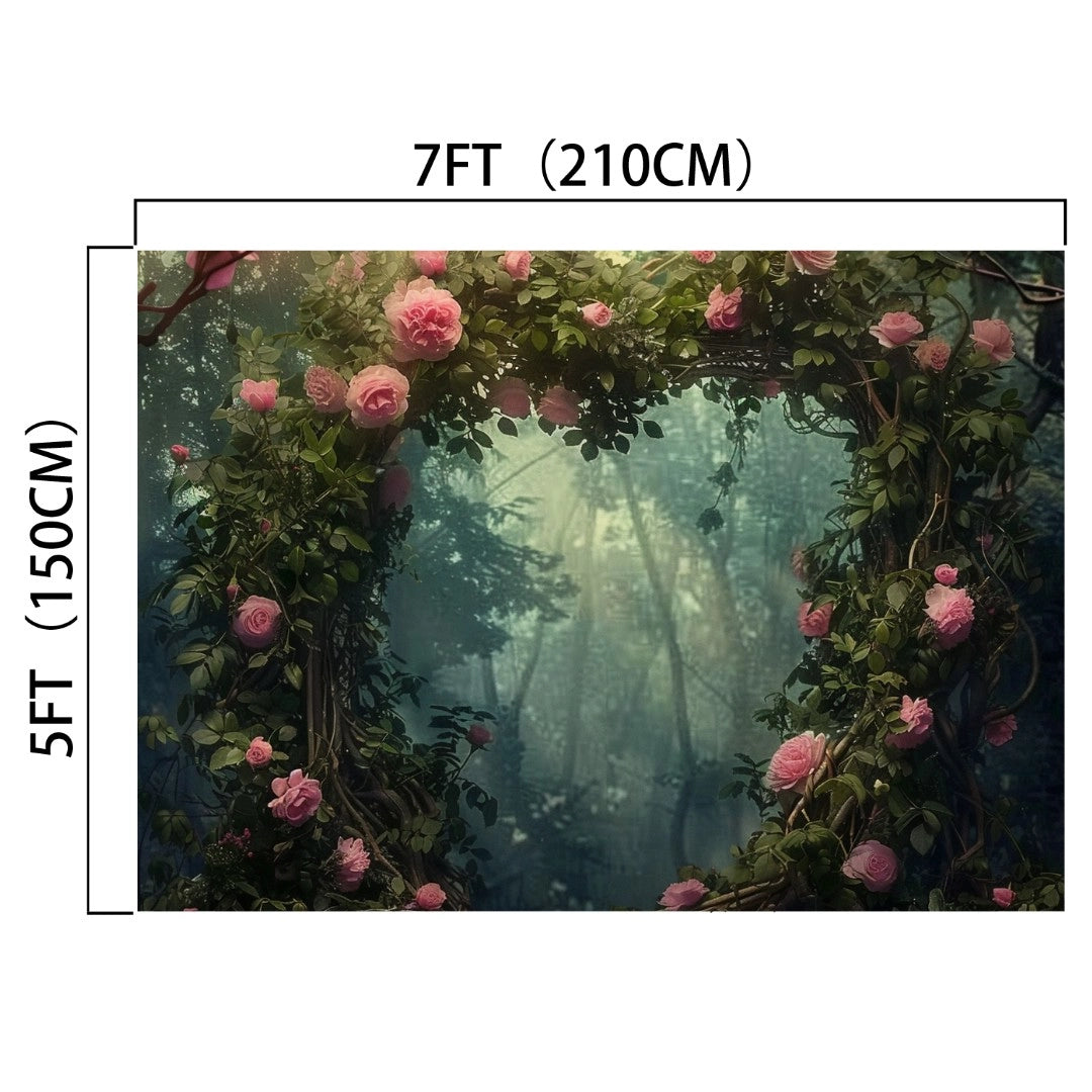 A 7x5 ft (210x150 cm) rectangular backdrop featuring a floral fantasy arch with pink roses and greenery, set against a misty forest background in HD vivid quality: Bridal Shower Engagement Vines Backdrop -ideasbackdrop by ideasbackdrop.