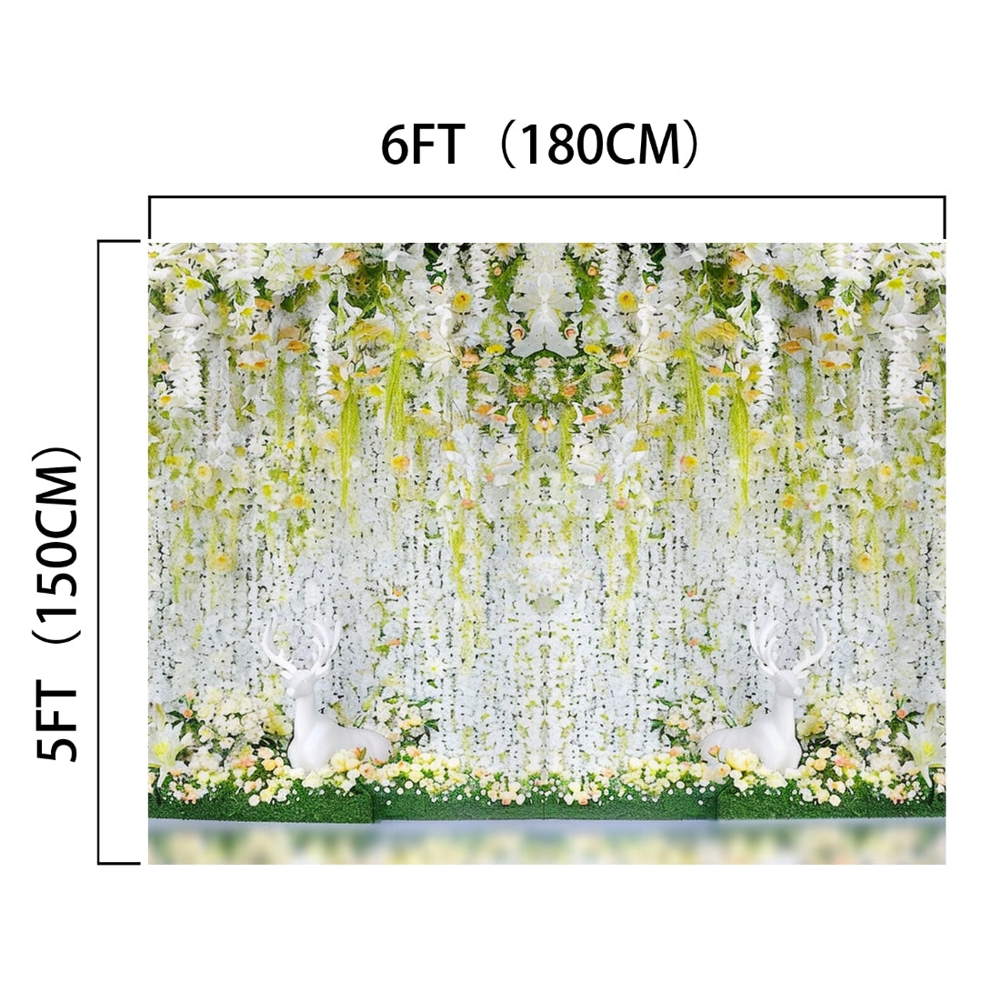 A decorative floral backdrop with dimensions labeled as 6 feet by 5 feet. The ideasbackdrop Bridal Shower Flower Party Wedding Backdrop features cascading white and green flowers, with two white deer statues surrounded by more flowers at the bottom—ideal for an unforgettable celebration. Perfect wedding decor!